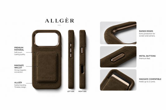 Bruin Alcantara iPhone-hoesje met MagSafe pasjeshouder en details: verhoogde randen, metalen knoppen en ruimte voor 3 pasjes