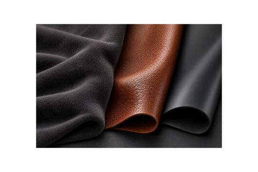 Grijs Alcantara, bruin leer en zwart siliconen naast elkaar: materiaalvergelijking voor telefoonhoesjes