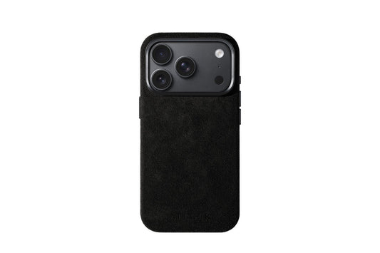 Zwart Alcantara telefoonhoesje om een iPhone 18 Pro