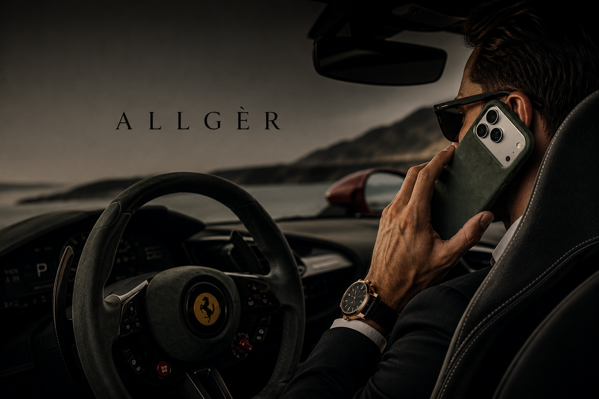 Man belt in een luxe sportauto met een Alcantara telefoonhoesje van Allgèr in zijn hand