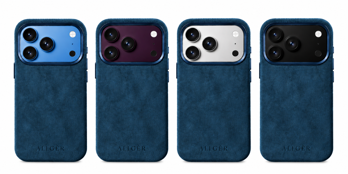 Allgèr Alcantara telefoonhoesje blauw voor iPhone 18 Pro en Pro Max — het hoesje op iPhones in verschillende kleuren