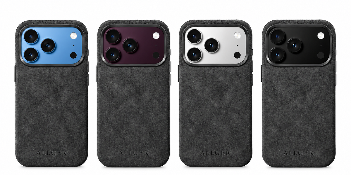 Allgèr Alcantara phone case dark grey for iPhone 18 Pro and Pro Max — the case on iPhones in different colours