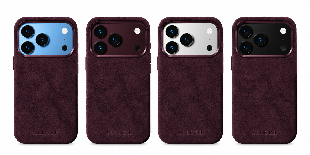 Allgèr Alcantara telefoonhoesje burgundy voor iPhone 18 Pro en Pro Max — het hoesje op iPhones in verschillende kleuren