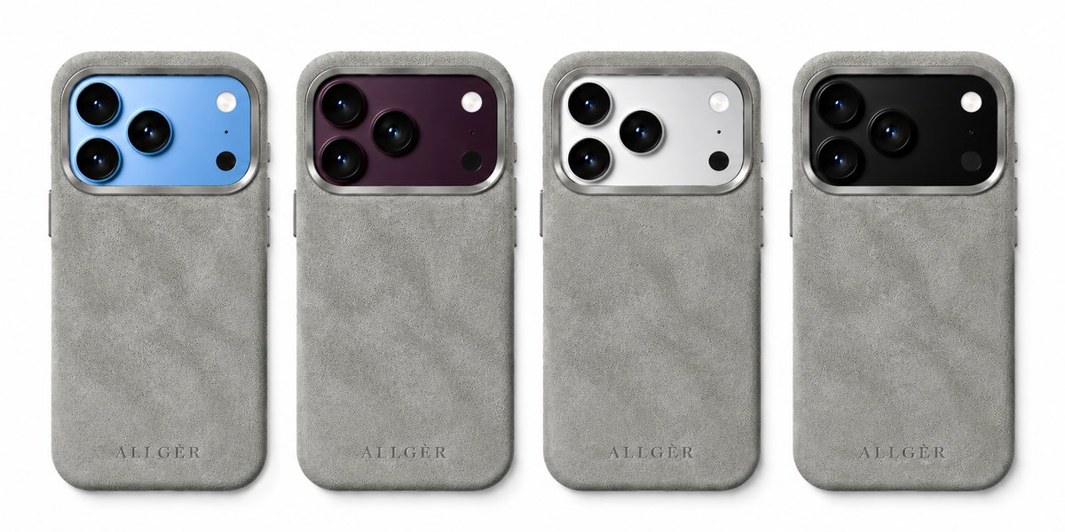 Allgèr Alcantara phone case light grey for iPhone 18 Pro and Pro Max — the case on iPhones in different colours