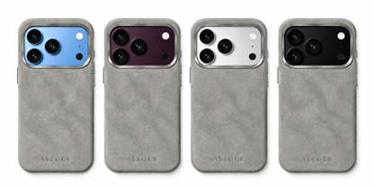 Allgèr Alcantara phone case light grey for iPhone 18 Pro and Pro Max — the case on iPhones in different colours
