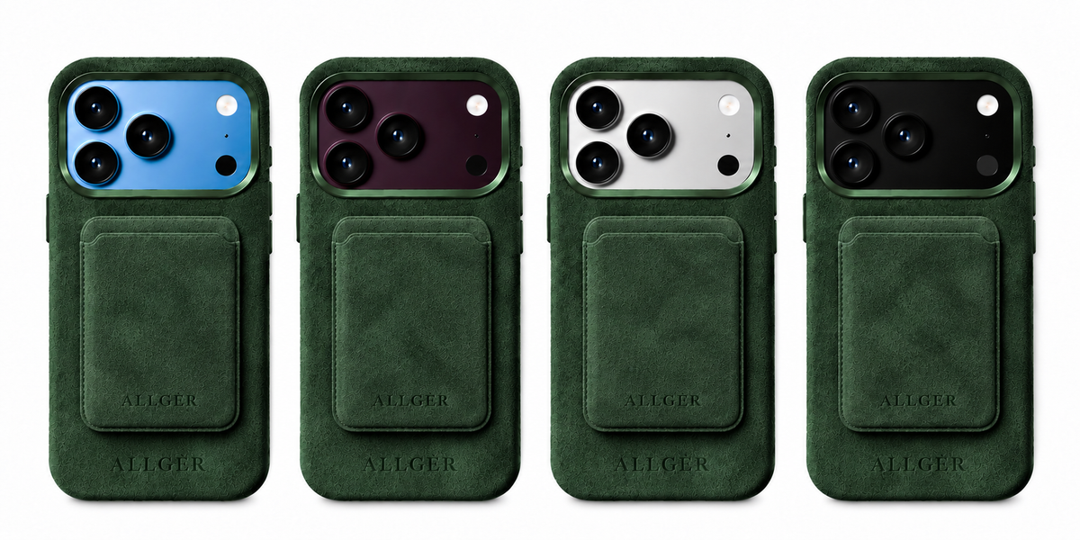 Allgèr set groen voor iPhone 18 Pro en Pro Max: Alcantara telefoonhoesje + MagSafe wallet — het hoesje met MagSafe wallet op iPhones in verschillende kleuren