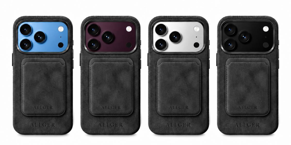 Allgèr set donkergrijs voor iPhone 18 Pro en Pro Max: Alcantara telefoonhoesje + MagSafe wallet — het hoesje met MagSafe wallet op iPhones in verschillende kleuren