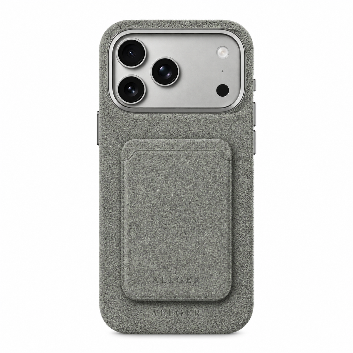 Allgèr set lichtgrijs voor iPhone 17 Pro en Pro Max: Alcantara telefoonhoesje + MagSafe wallet — achterkant met de MagSafe wallet erop