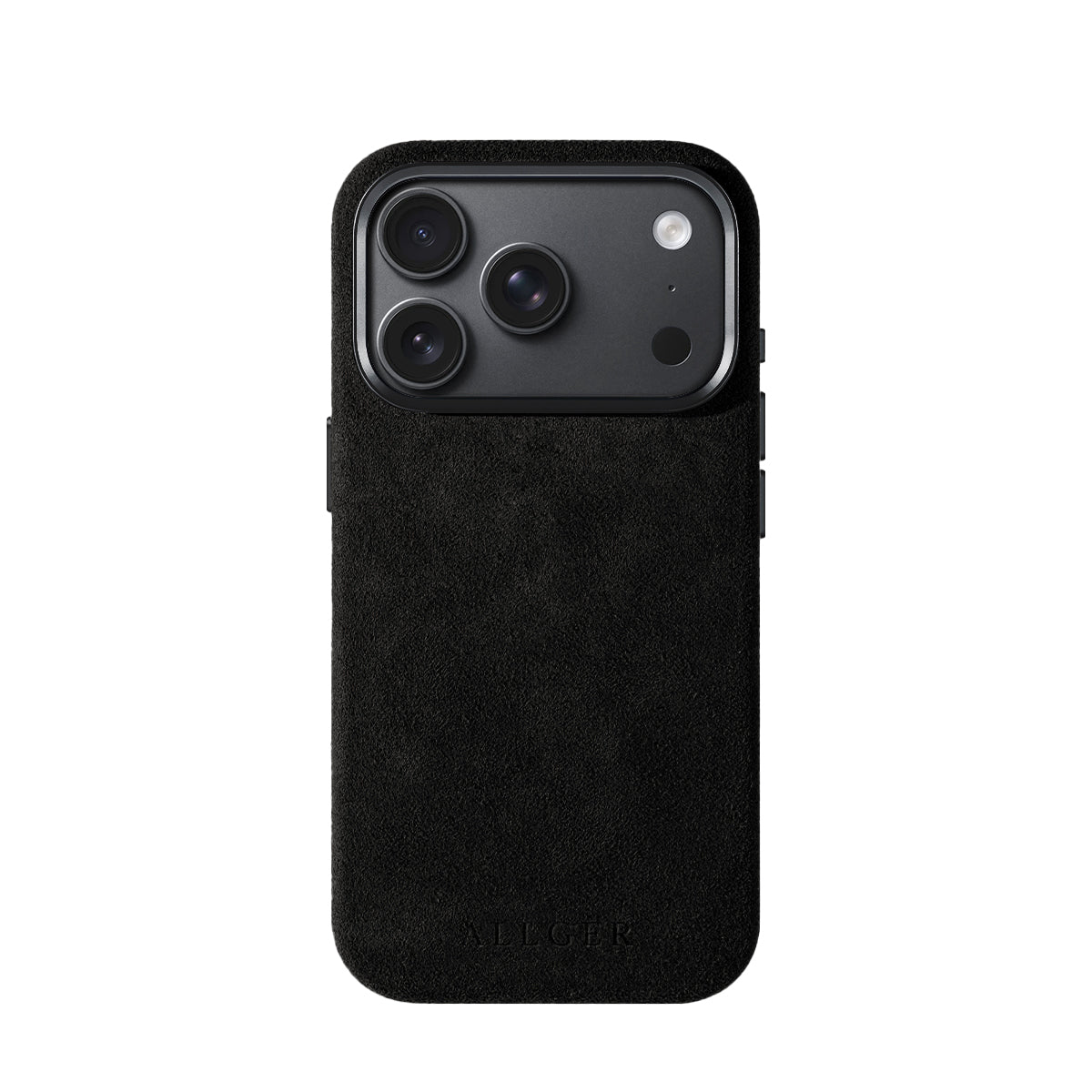 Allgèr Alcantara Handyhülle iPhone 18 Pro Schwarz — Rückseite auf dem iPhone