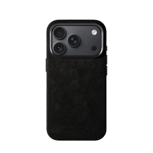 Allgèr Alcantara telefoonhoesje iPhone 18 Pro zwart — achterkant op de iPhone