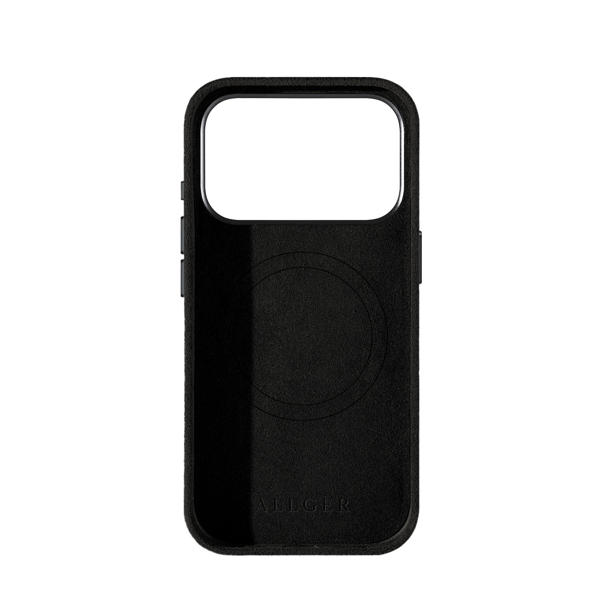 Allgèr set iPhone 17 Pro zwart: Alcantara telefoonhoesje + MagSafe wallet — binnenkant met MagSafe-ring