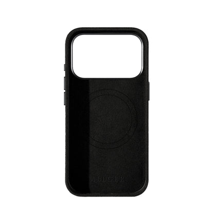 Allgèr set iPhone 17 Pro zwart: Alcantara telefoonhoesje + MagSafe wallet — binnenkant met MagSafe-ring