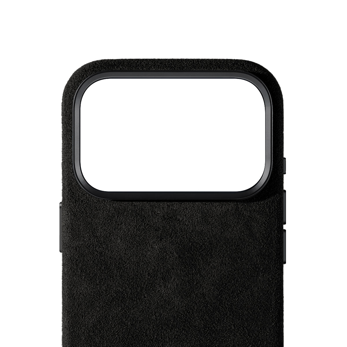 Allgèr Alcantara Handyhülle iPhone 18 Pro Schwarz — Detail des Alcantara bei der Kamera