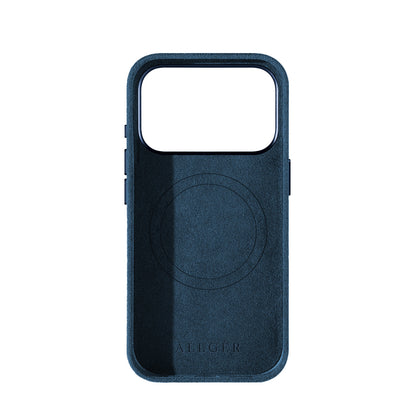 Allgèr Alcantara telefoonhoesje iPhone 18 Pro blauw — binnenkant met MagSafe-ring
