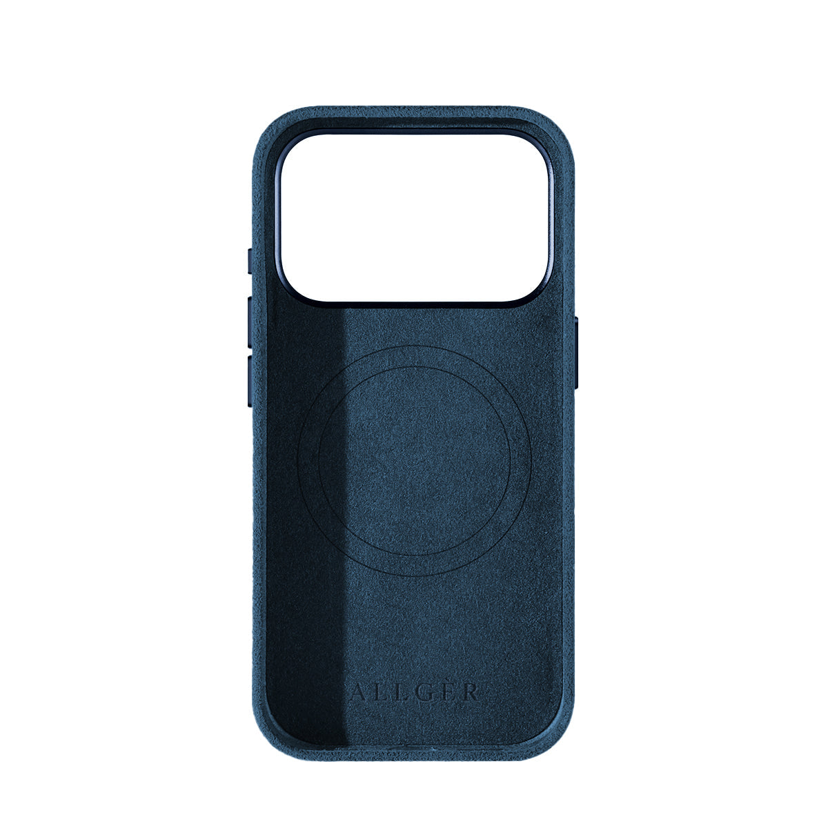 Allgèr set iPhone 18 Pro blauw: Alcantara telefoonhoesje + MagSafe wallet — binnenkant met MagSafe-ring