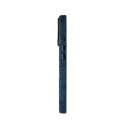 Allgèr Alcantara telefoonhoesje iPhone 17 Pro blauw — zijkant met knoppen