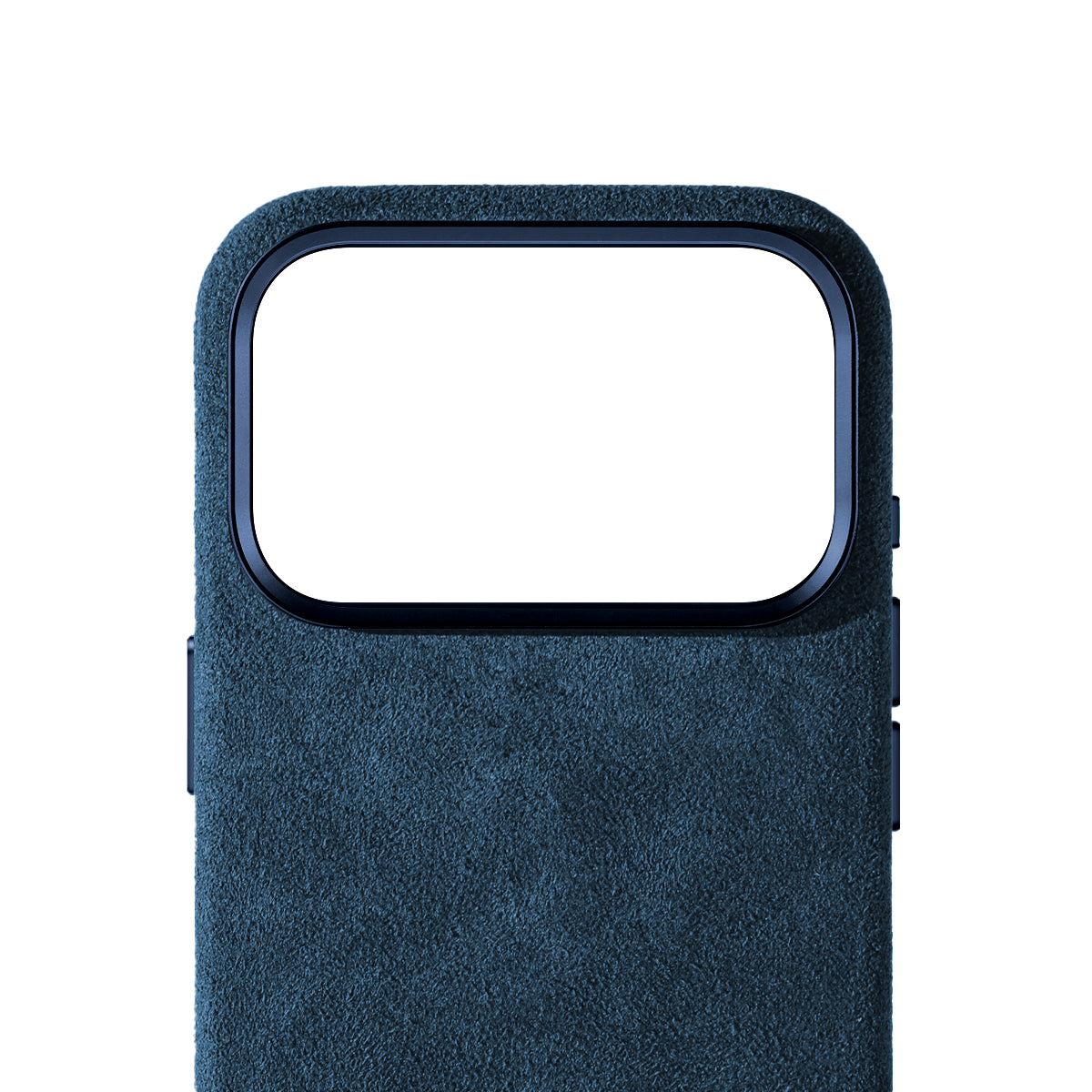 Allgèr Alcantara telefoonhoesje iPhone 18 Pro blauw — detail van het Alcantara bij de camera