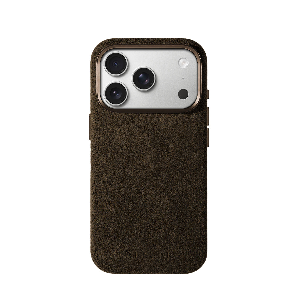 Allgèr Alcantara telefoonhoesje iPhone 18 Pro bruin — achterkant op de iPhone