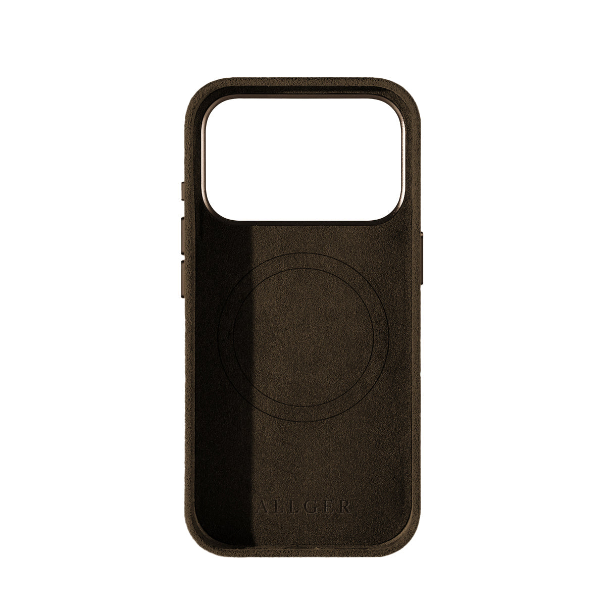 Allgèr set iPhone 18 Pro bruin: Alcantara telefoonhoesje + MagSafe wallet — binnenkant met MagSafe-ring