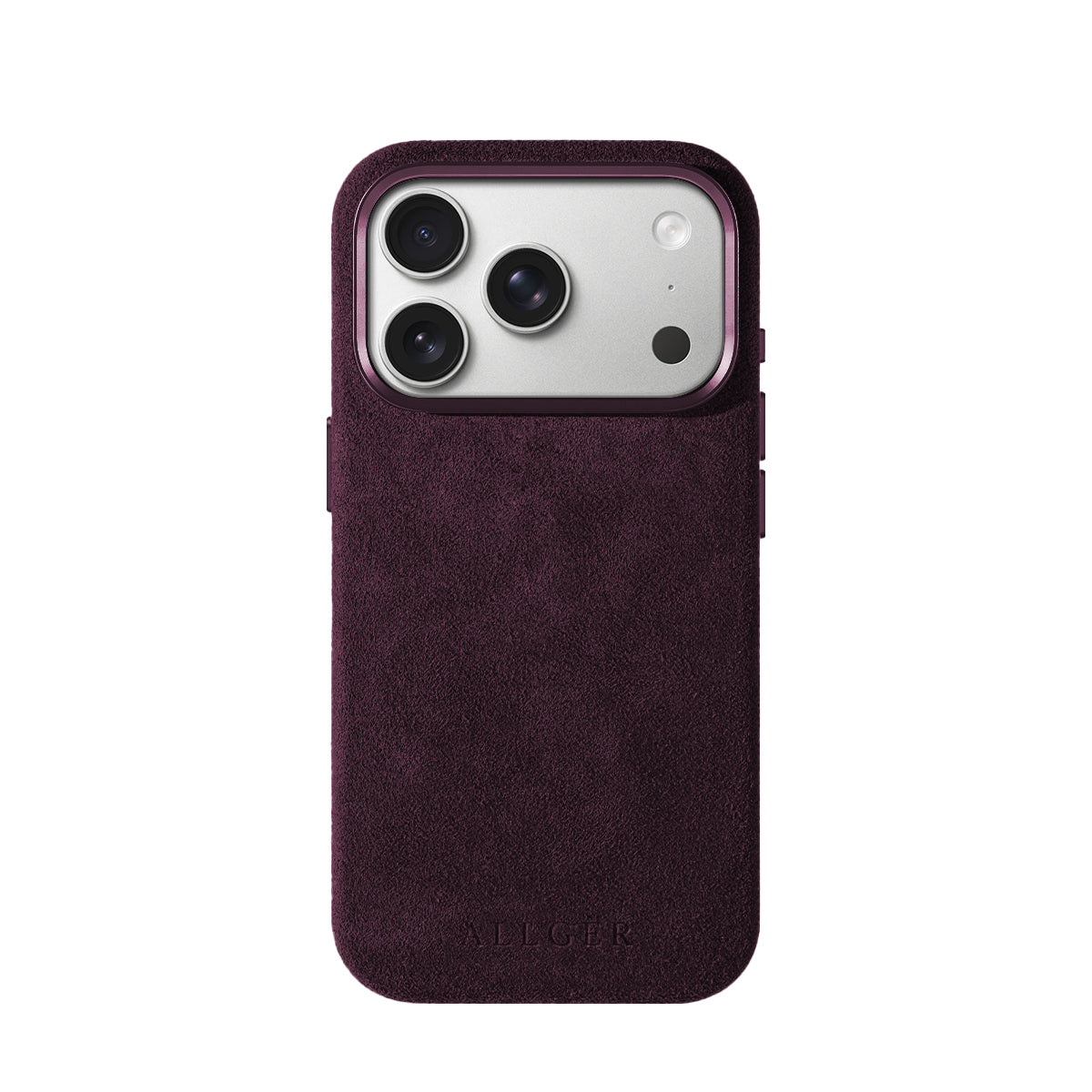 Allgèr Alcantara telefoonhoesje burgundy voor iPhone 17 Pro en Pro Max — achterkant van het hoesje met camera-uitsparing