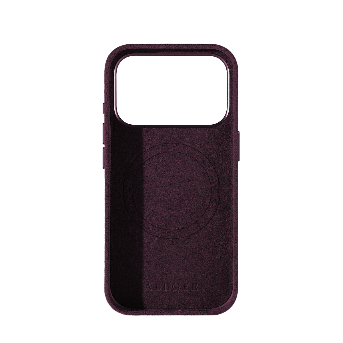 Allgèr Alcantara telefoonhoesje iPhone 18 Pro burgundy — binnenkant met MagSafe-ring
