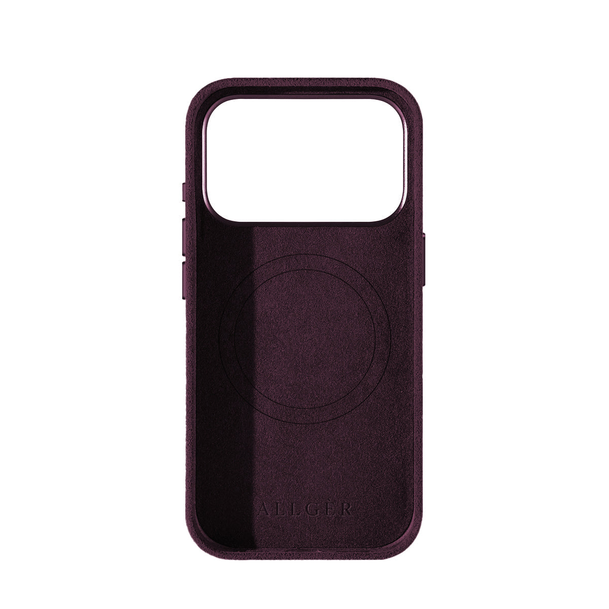 Allgèr Alcantara telefoonhoesje iPhone 17 Pro burgundy — binnenkant met MagSafe-ring