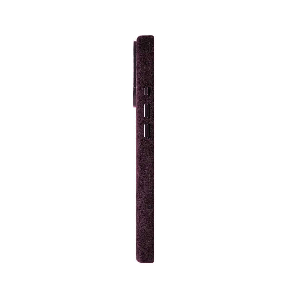 Allgèr Alcantara telefoonhoesje iPhone 18 Pro burgundy — zijkant met knoppen