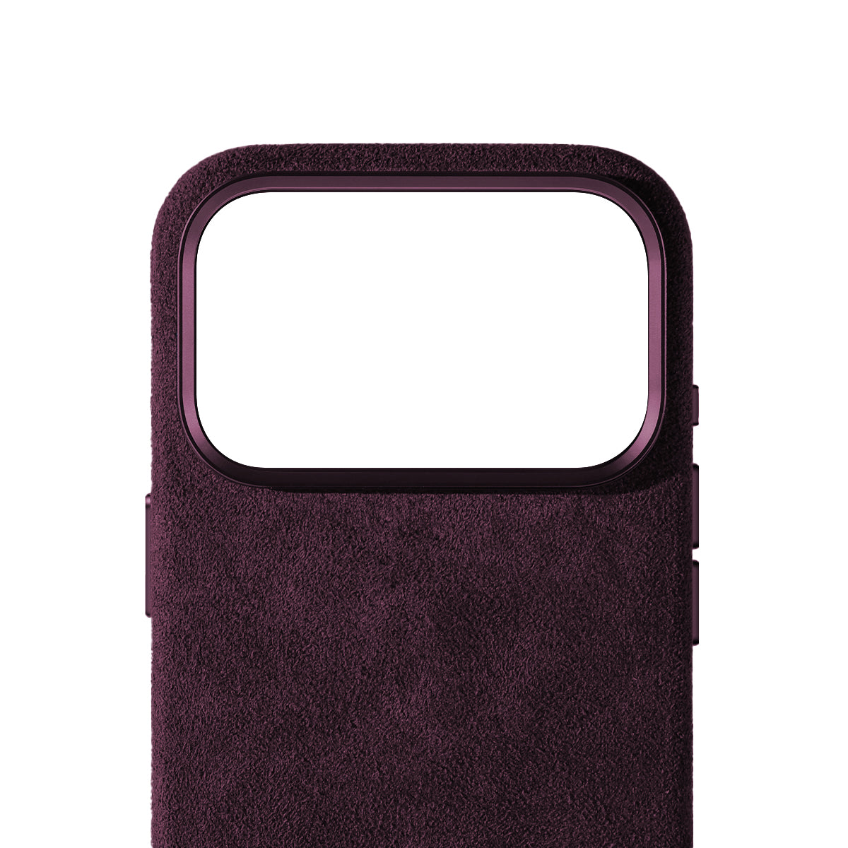 Allgèr Alcantara telefoonhoesje iPhone 18 Pro burgundy — detail van het Alcantara bij de camera