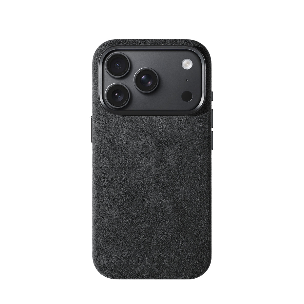 Allgèr set iPhone 18 Pro donkergrijs: Alcantara telefoonhoesje + MagSafe wallet — hoesje op de iPhone