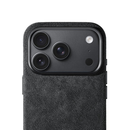Allgèr Alcantara phone case iPhone 18 Pro dark grey — close-up of the camera cutout
