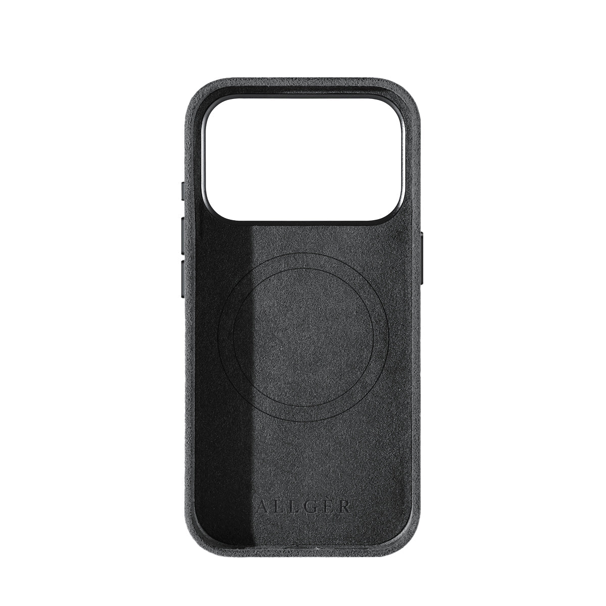 Allgèr set iPhone 17 Pro donkergrijs: Alcantara telefoonhoesje + MagSafe wallet — binnenkant met MagSafe-ring