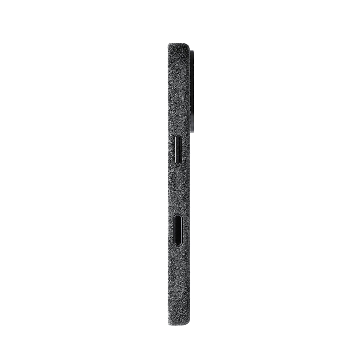 Allgèr Alcantara phone case iPhone 17 Pro dark grey — side with the buttons