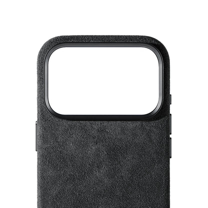 Allgèr Alcantara phone case iPhone 17 Pro dark grey — detail of the Alcantara near the camera