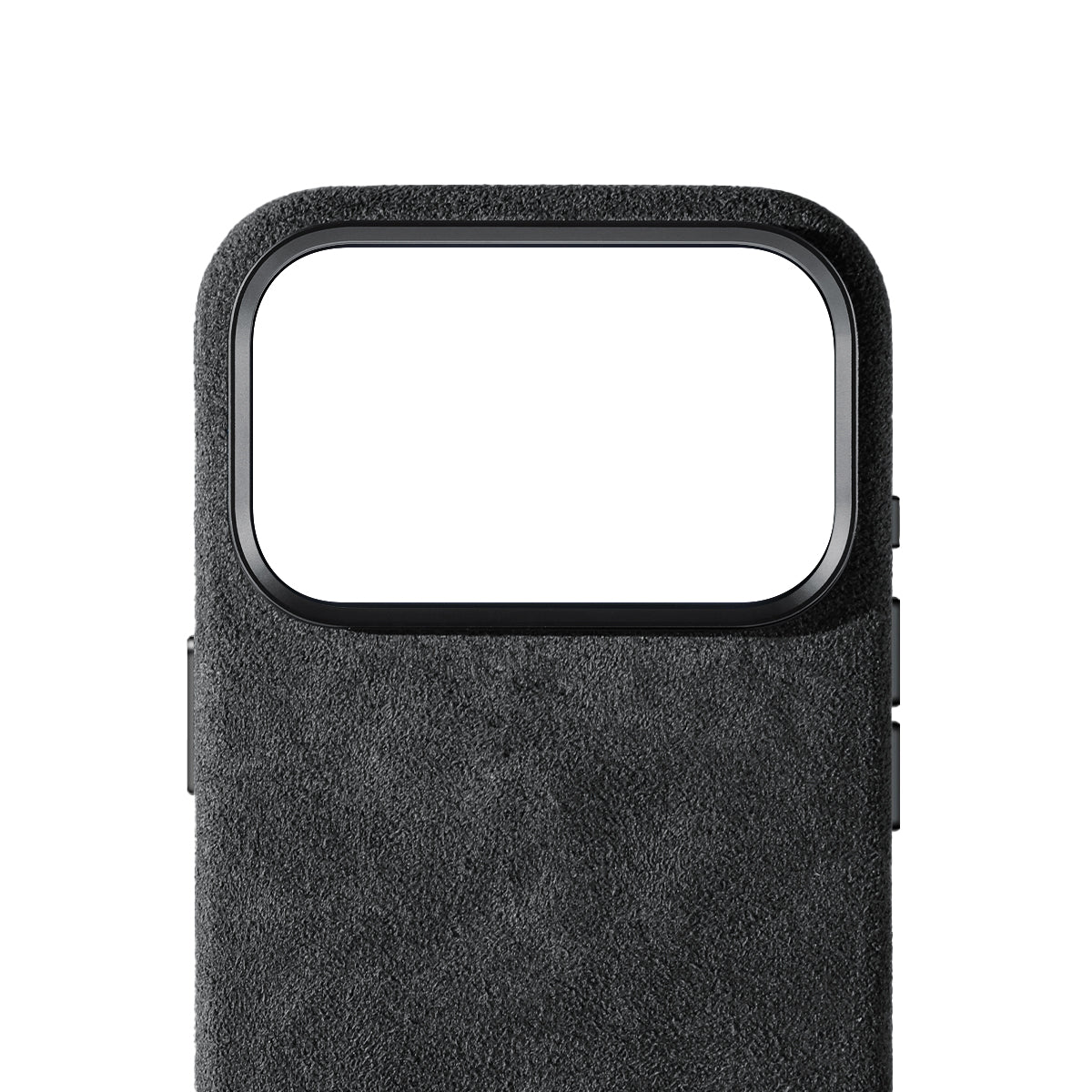 Allgèr Alcantara phone case iPhone 18 Pro dark grey — detail of the Alcantara near the camera