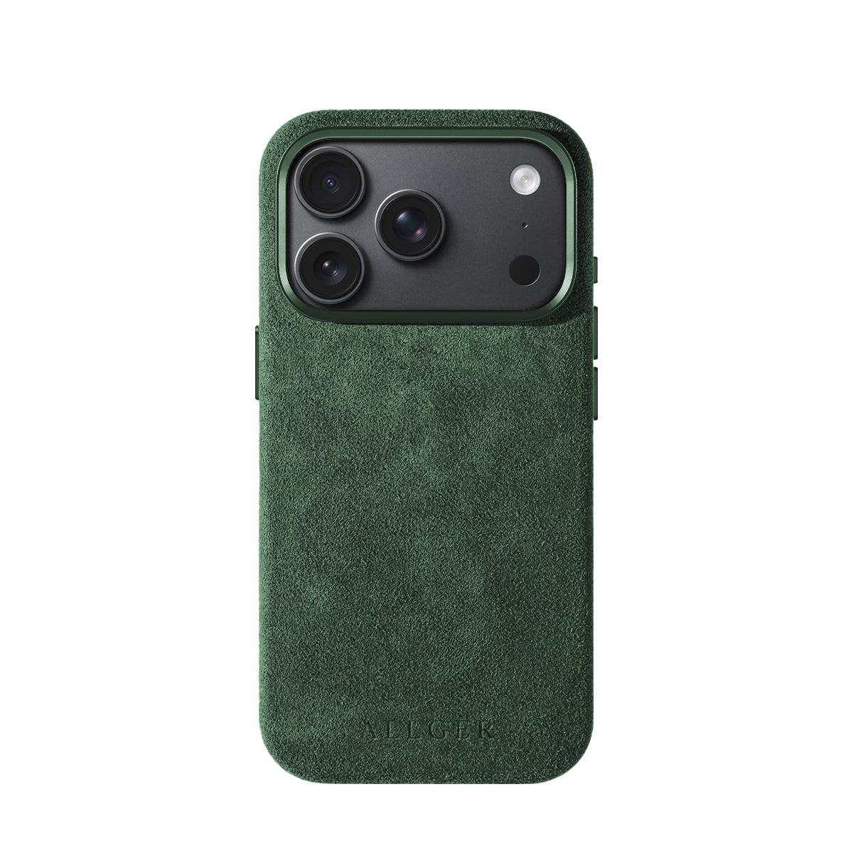 Allgèr set iPhone 18 Pro groen: Alcantara telefoonhoesje + MagSafe wallet — hoesje op de iPhone