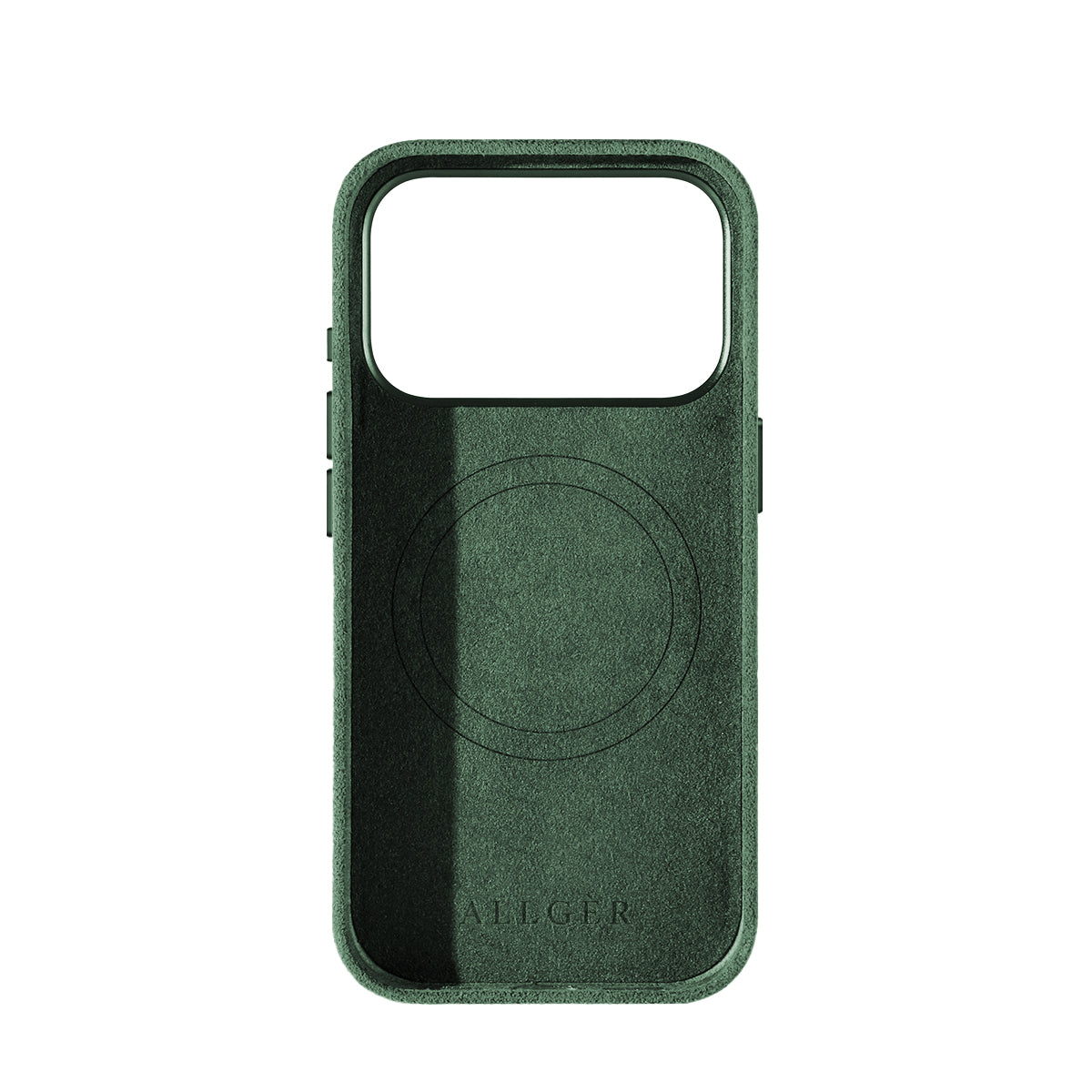Allgèr Alcantara telefoonhoesje iPhone 17 Pro groen — binnenkant met MagSafe-ring