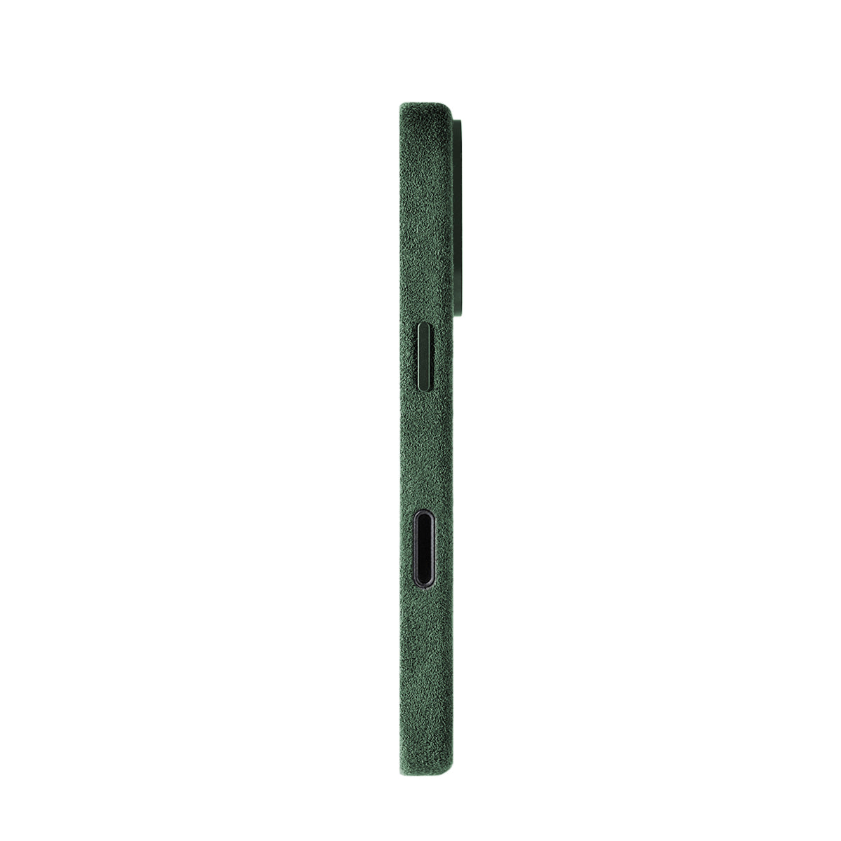 Allgèr Alcantara phone case iPhone 18 Pro green — side with the buttons