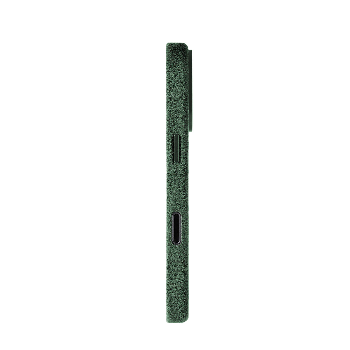 Allgèr Alcantara telefoonhoesje iPhone 17 Pro groen — zijkant met knoppen