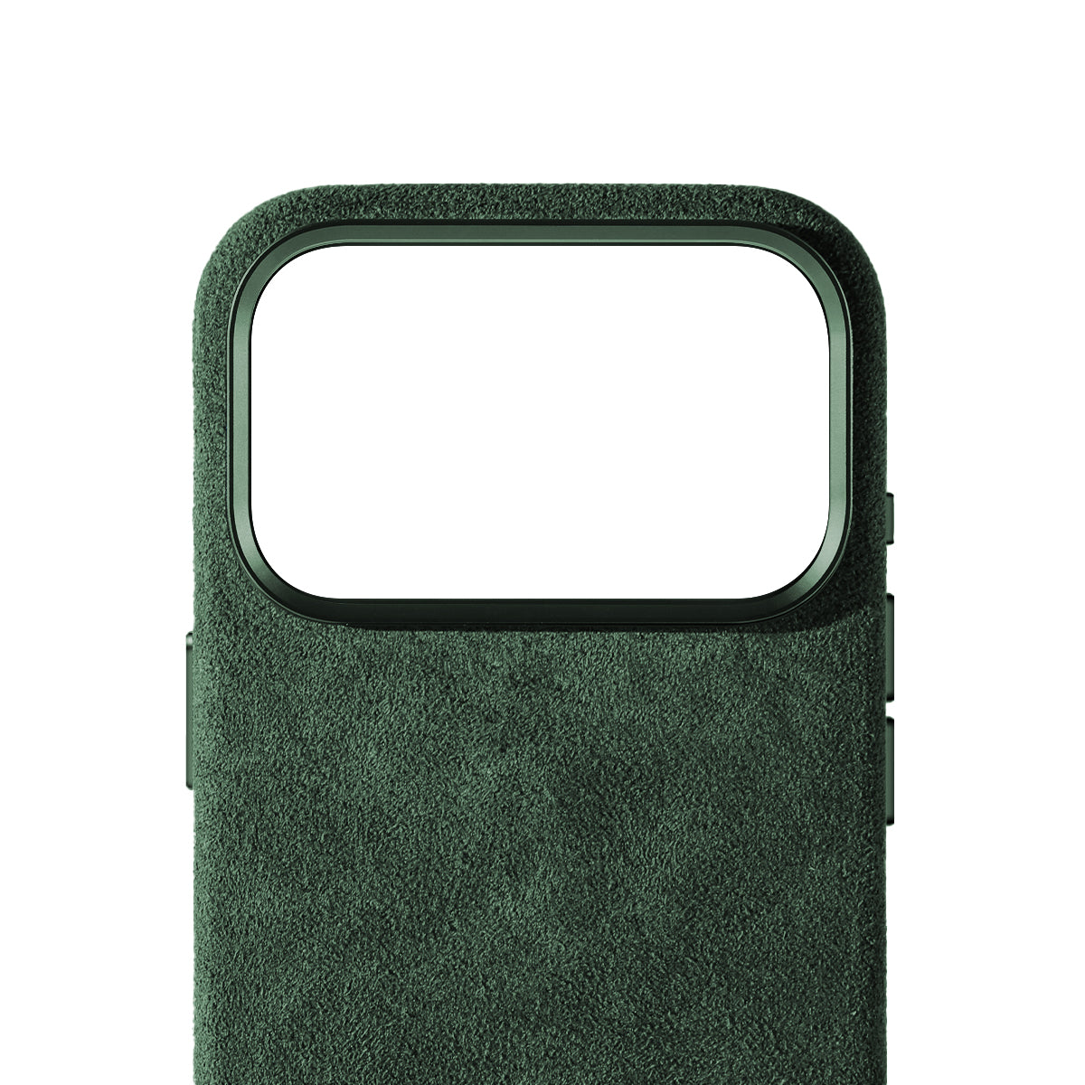 Allgèr Alcantara phone case iPhone 18 Pro green — detail of the Alcantara near the camera