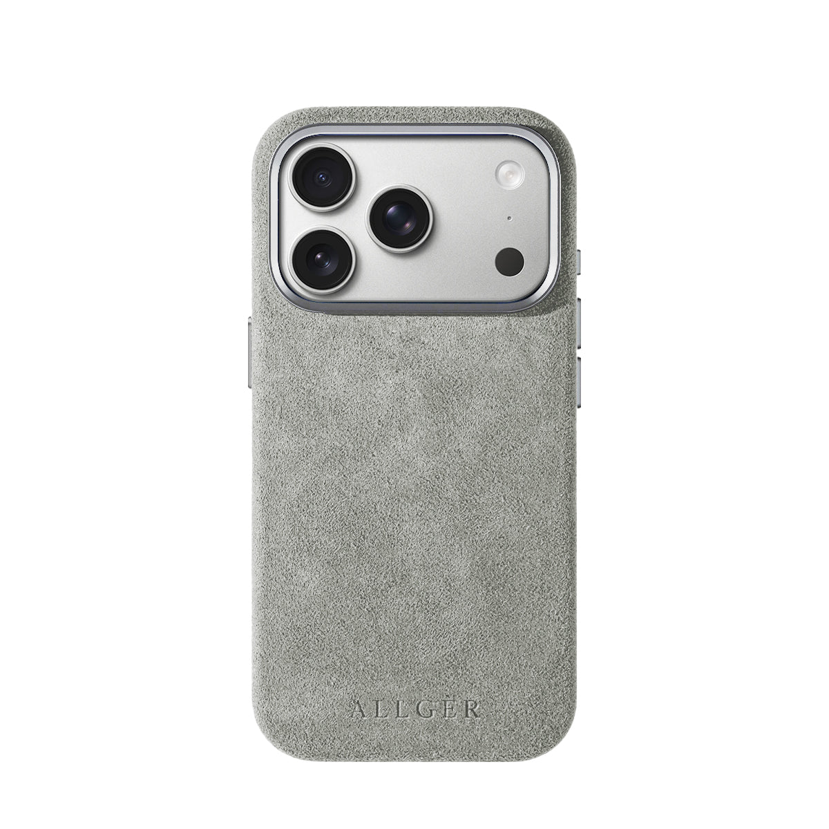 Allgèr Alcantara phone case iPhone 17 Pro light grey — back on the iPhone