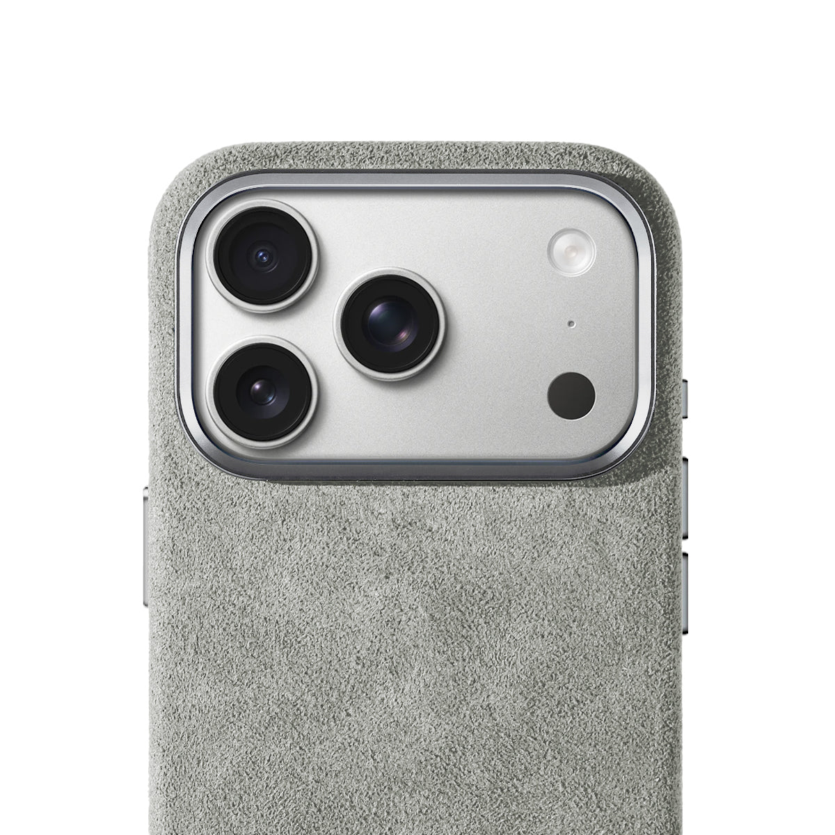 Allgèr Alcantara phone case iPhone 17 Pro light grey — close-up of the camera cutout