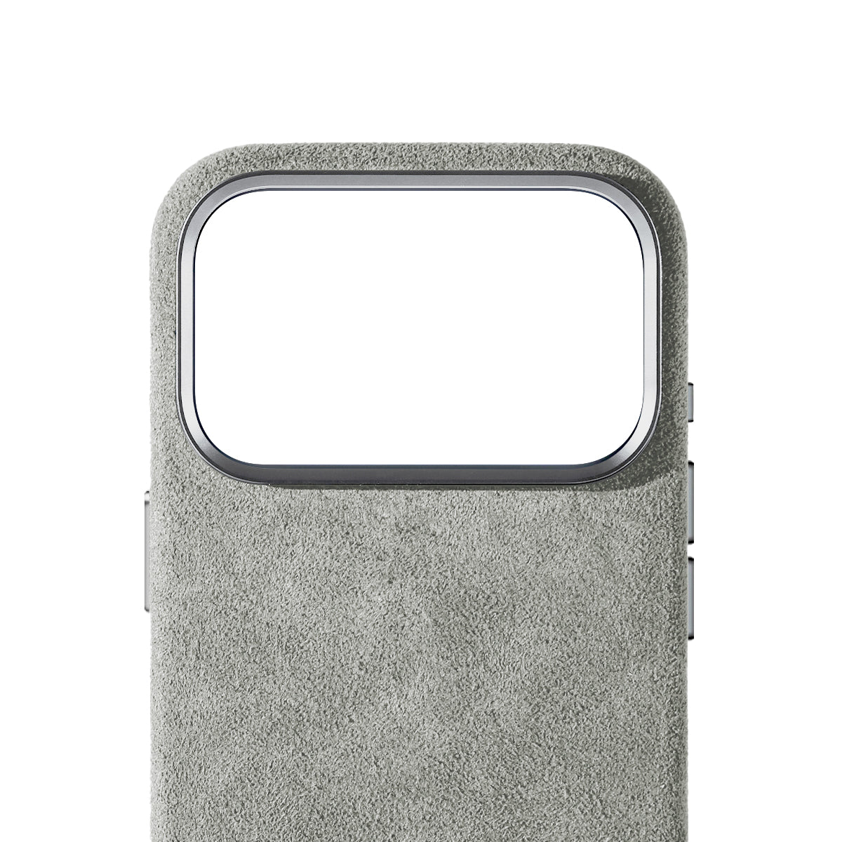 Allgèr Alcantara phone case iPhone 18 Pro light grey — detail of the Alcantara near the camera