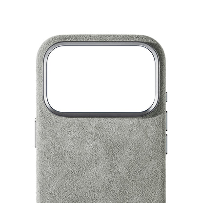 Allgèr Alcantara phone case iPhone 18 Pro light grey — detail of the Alcantara near the camera