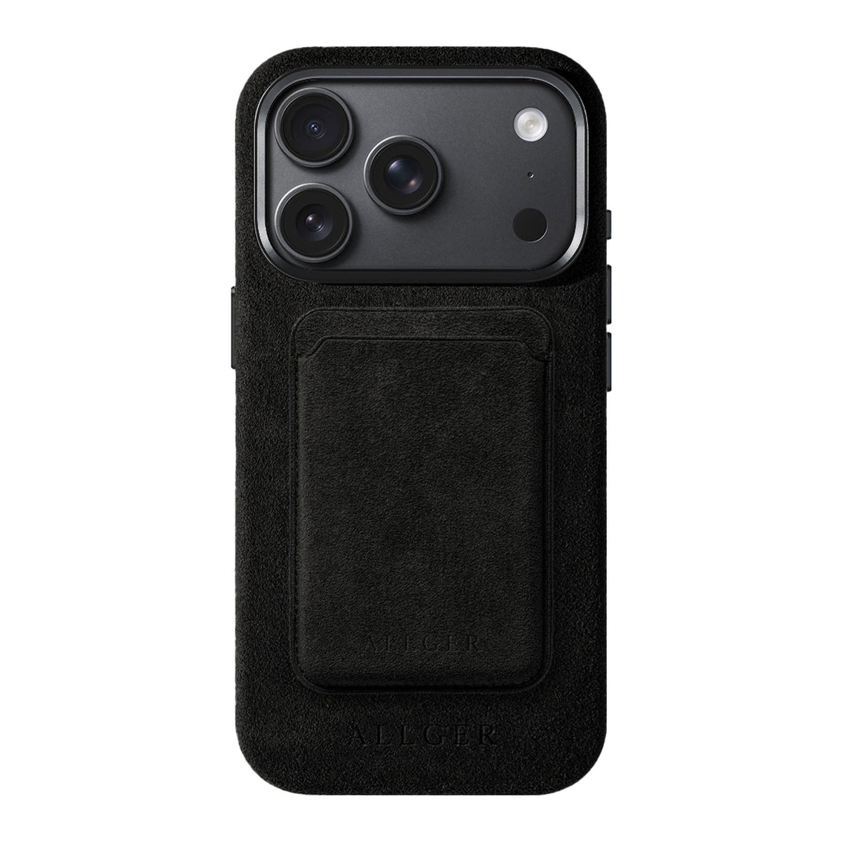Allgèr set: Alcantara telefoonhoesje voor iPhone 18 Pro met bijpassende MagSafe-pasjeshouder in zwart