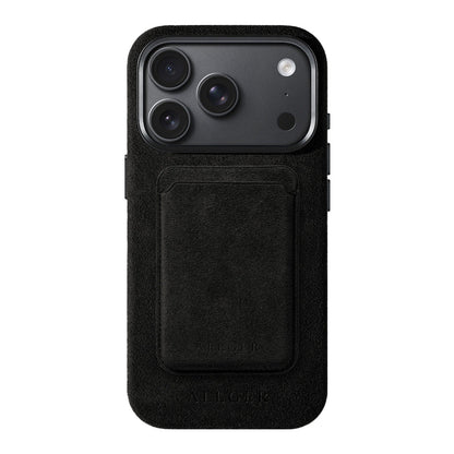 Allgèr set: Alcantara telefoonhoesje voor iPhone 18 Pro met bijpassende MagSafe-pasjeshouder in zwart