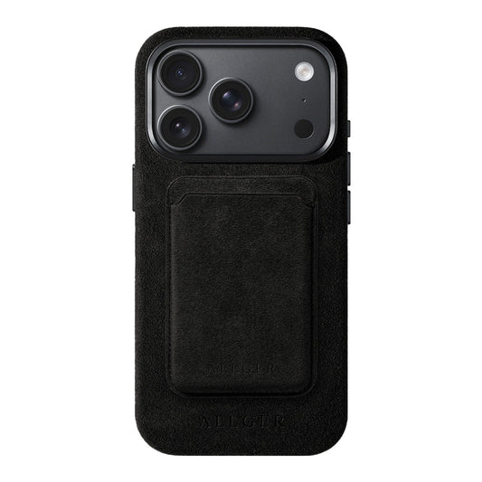 Allgèr set: Alcantara telefoonhoesje voor iPhone 18 Pro met bijpassende MagSafe-pasjeshouder in zwart
