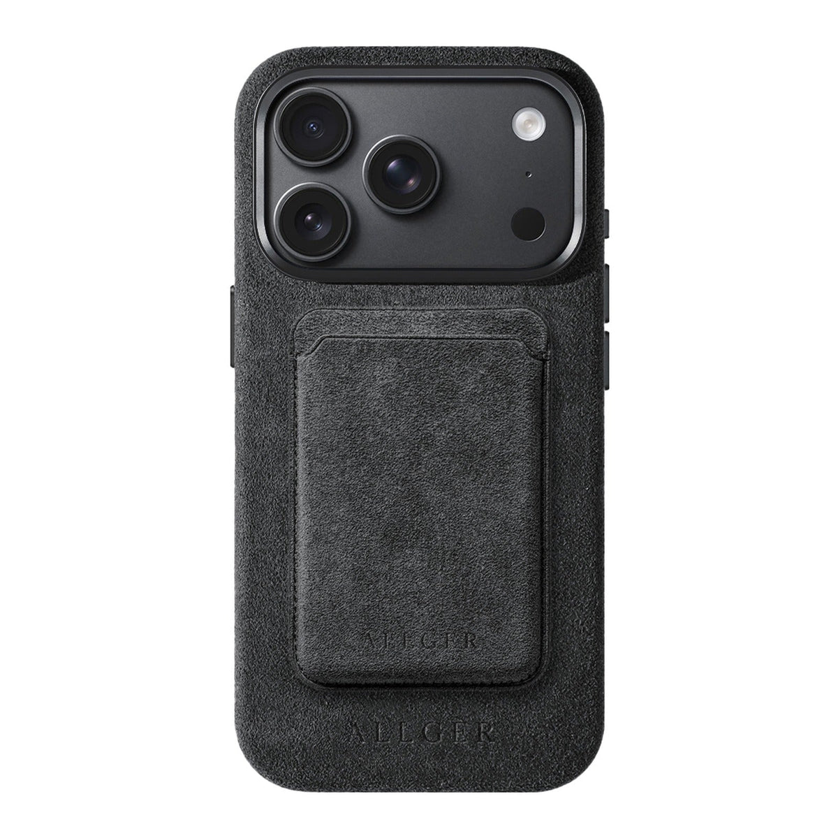Allgèr set: Alcantara telefoonhoesje voor iPhone 18 Pro met bijpassende MagSafe-pasjeshouder in donkergrijs
