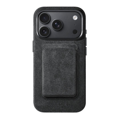 Allgèr set: Alcantara telefoonhoesje voor iPhone 18 Pro met bijpassende MagSafe-pasjeshouder in donkergrijs