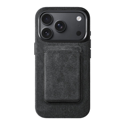 Allgèr set: Alcantara telefoonhoesje voor iPhone 18 Pro met bijpassende MagSafe-pasjeshouder in donkergrijs