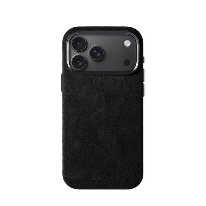 Allgèr set iPhone 18 Pro Max zwart: Alcantara telefoonhoesje + MagSafe wallet — hoesje op de iPhone